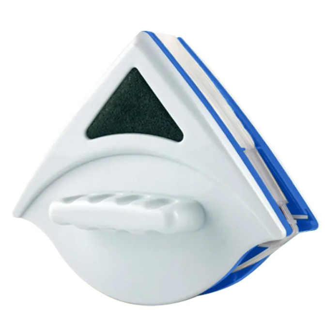 Triangle-shaped cleaning tool with a blue border on a white background