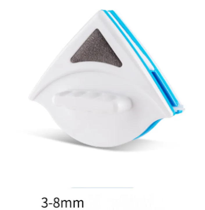 White and blue triangular tool with a black center on a white background