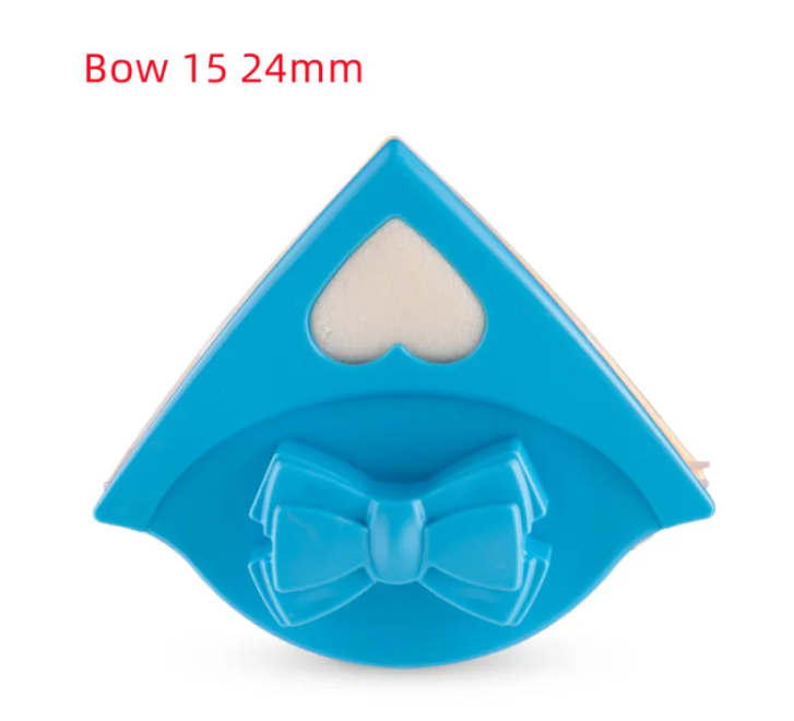 Blue bow-shaped paper punch on a white background with text 'Bow 15 24mm'.